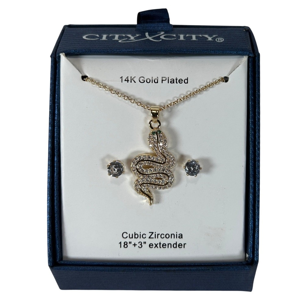 City by City 14K Gold Plated Snake Necklace & Stud Earrings Set Cubic Zirconia